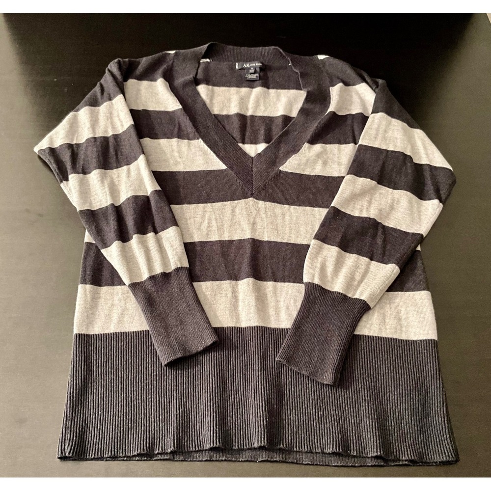 AK Anne Klein Striped V Neck Sweater White Black‎ Womens Medium Knitwear